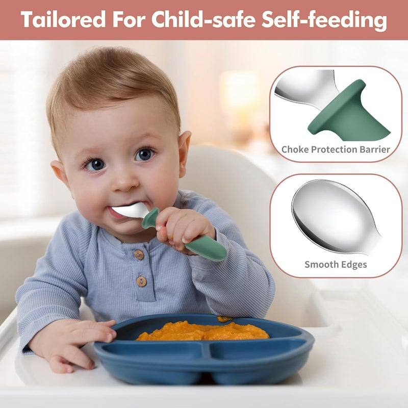 DRKIO 8 PCS Toddler Spoons Set - Baby Spoons with Silicone Handle Children safe 18/8 Stainless Steel Toddler Utensils Set for Self Feeding Kids Silverware Anti-Choke Design Food Grade Dishwasher Safe - Image 3
